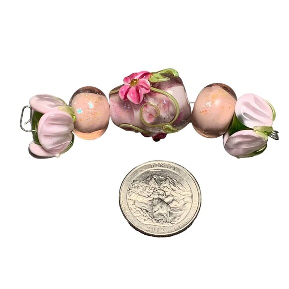 Handcrafted Lampwork Floral Glass Beads Set - Pink & Green - Picture 1 of 7